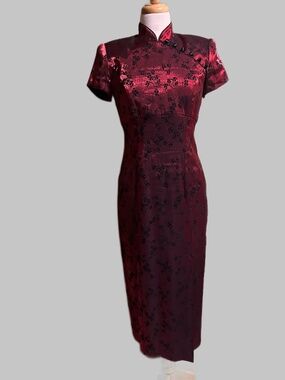 Vintage 90s Taurus II Red Shimmer Qipao Maxi Dress 4P